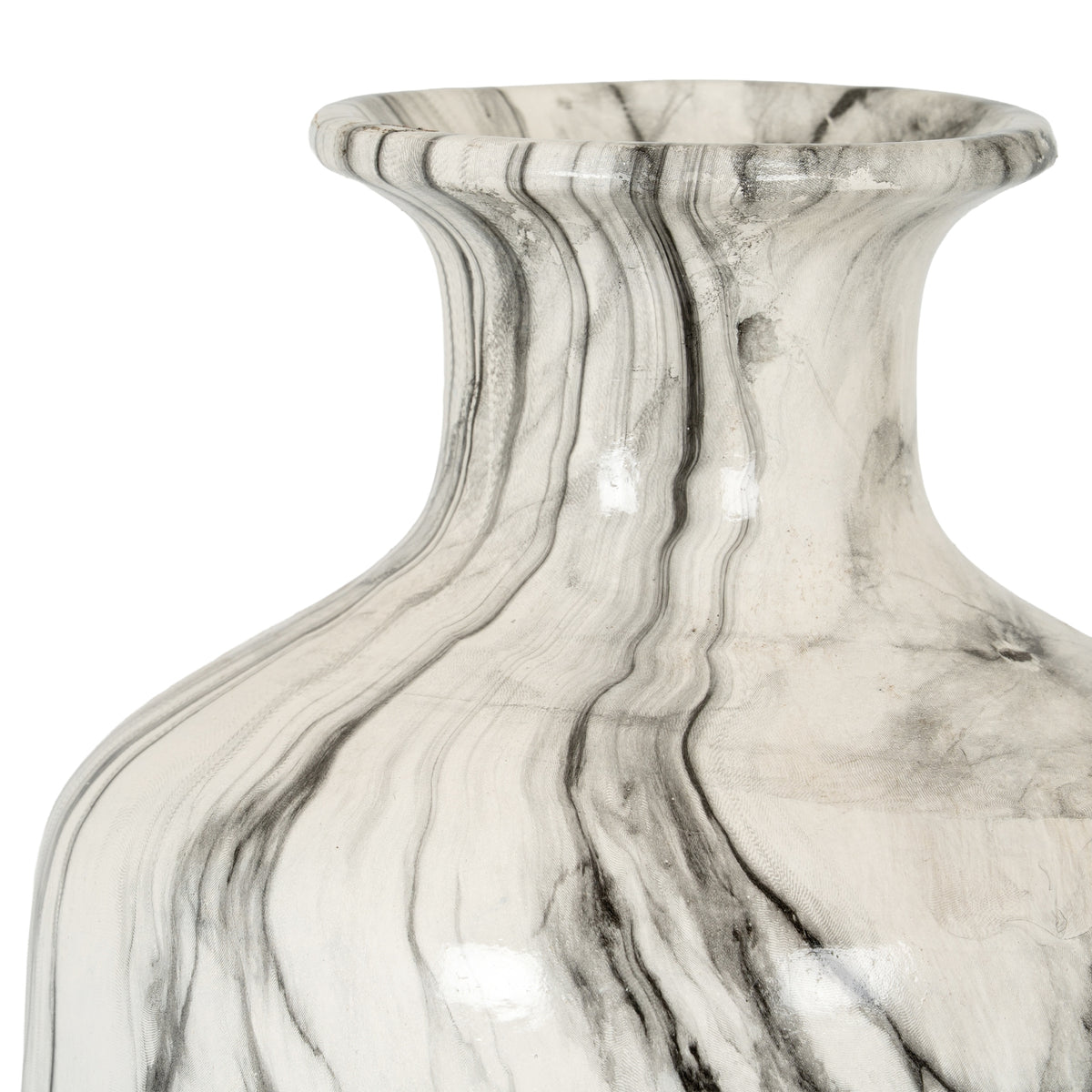 Close-up of grey marble-effect veining on the Squat vase neck and rounded shoulder