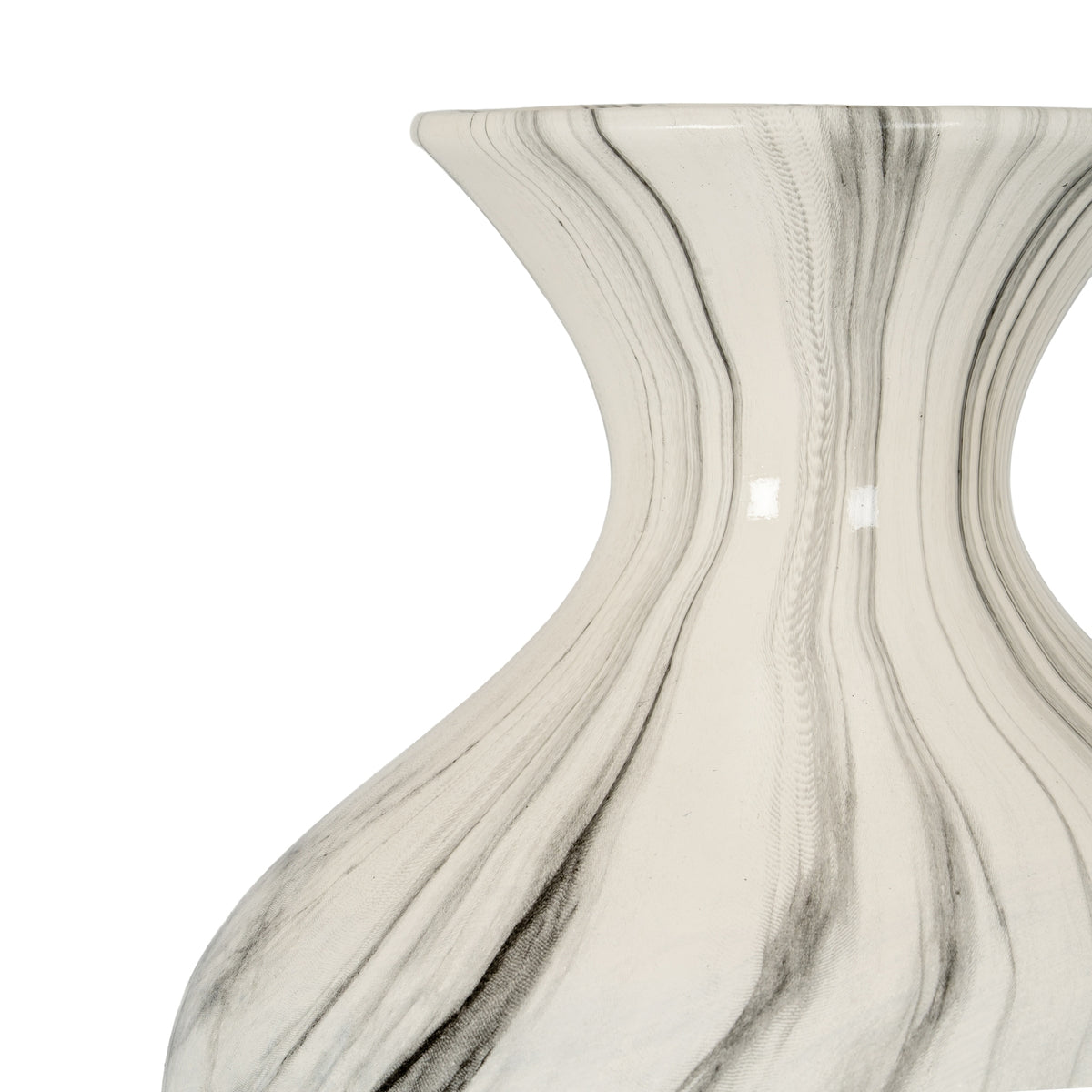 Close-up of the Ellipse vase curved neck and shoulder with flowing grey marble-effect lines