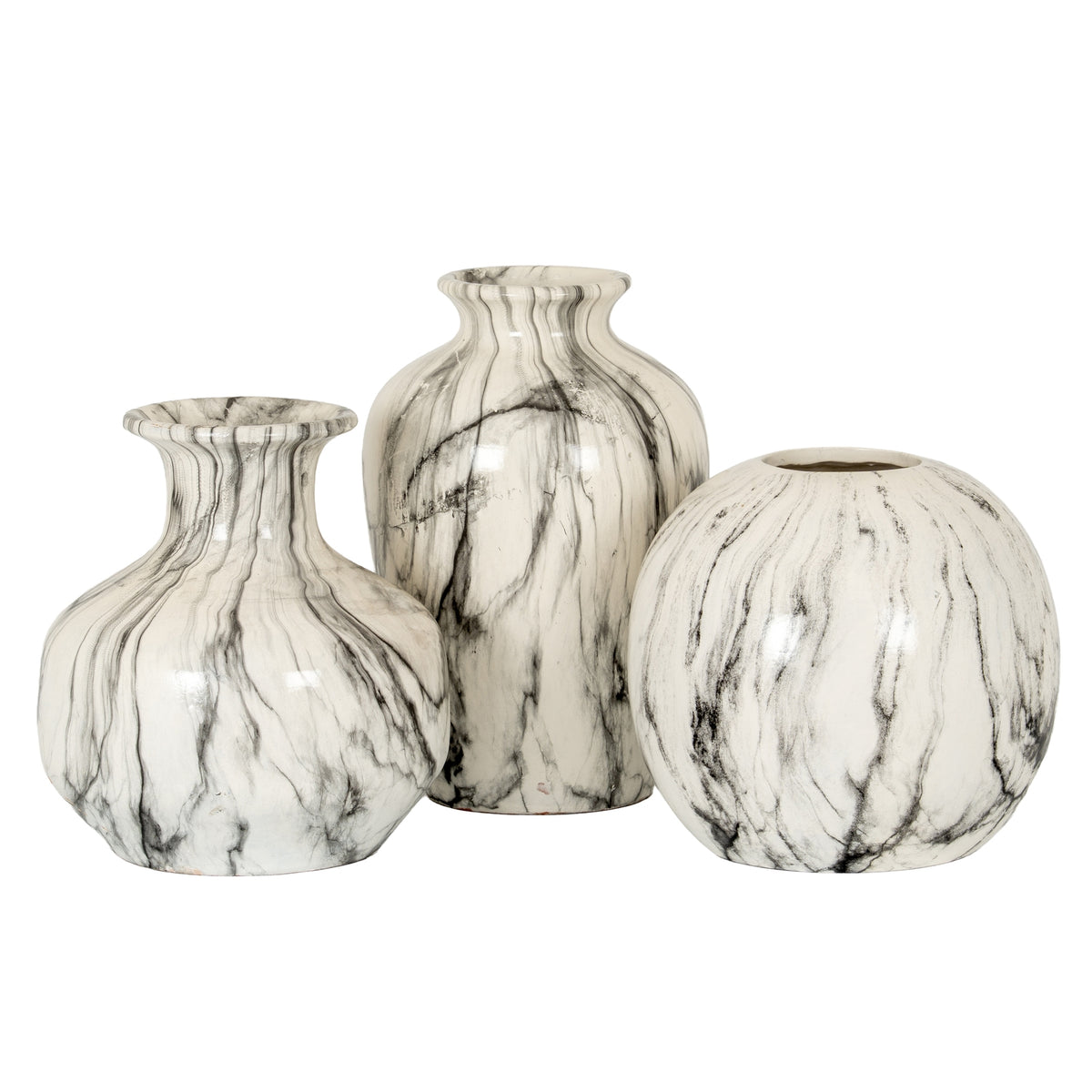 Round Pudding Vase at right, shown with two coordinating marble-effect vases