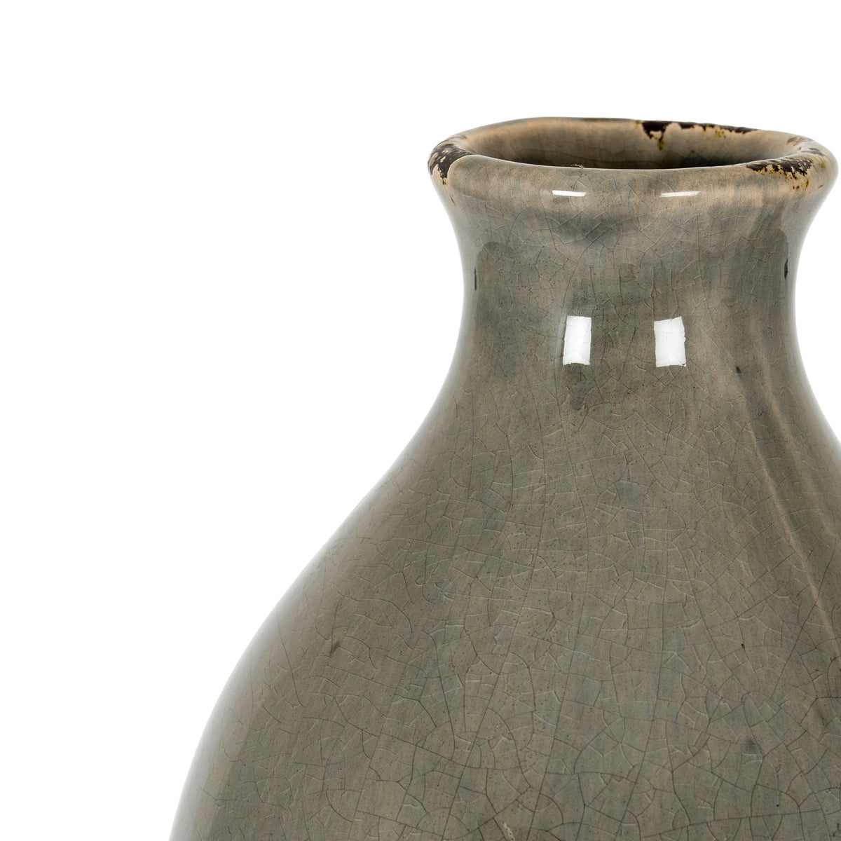 Detail of crackle glazing around the neck and shoulders of the grey Garda Gisela Vase