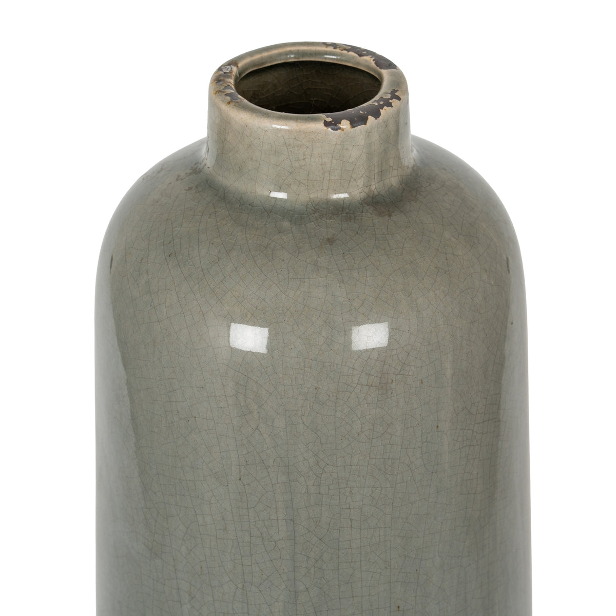 Close-up of the short neck and distressed grey crackle glaze on the Garda Raine Vase