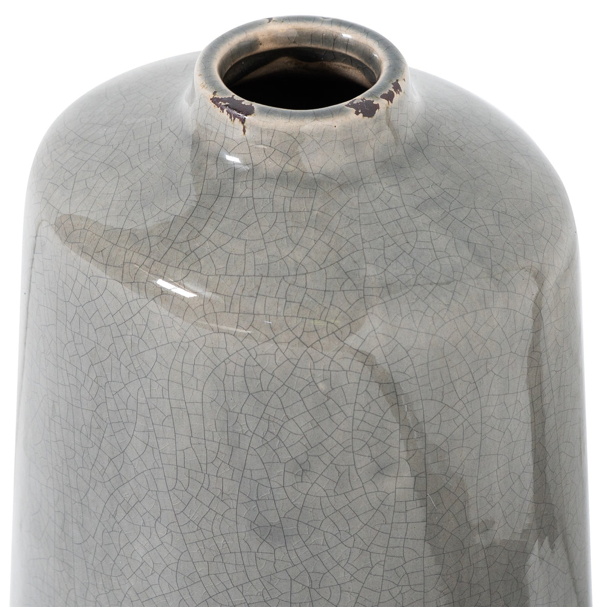 Close-up of the opening, rounded shoulders and grey crackle glaze on the Garda Liv Vase