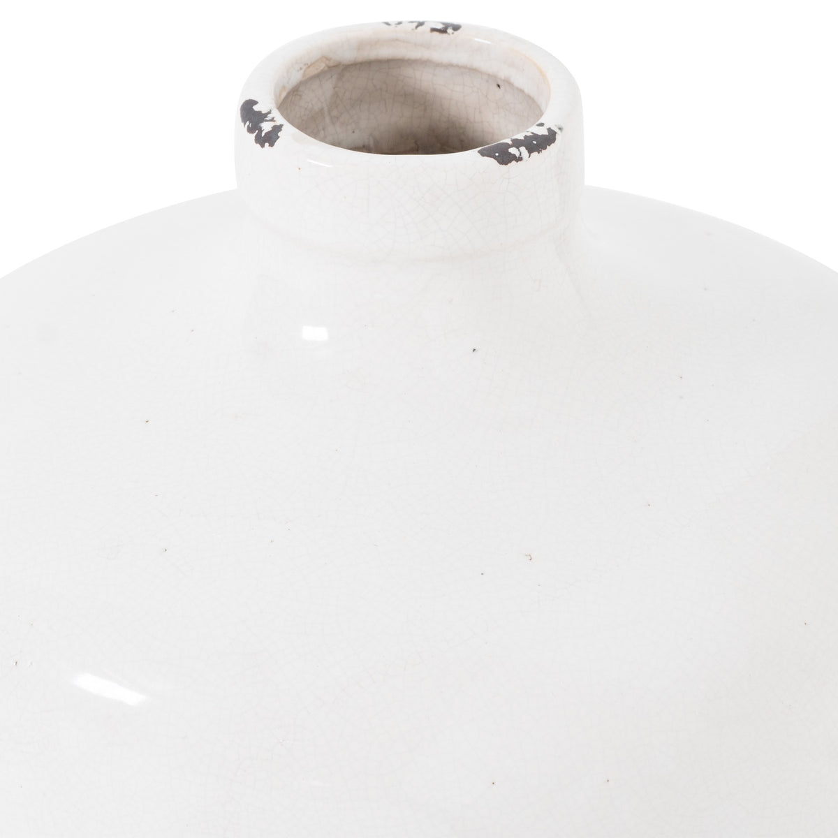 Close-up of the short neck and distressed rim of the white Garda Glazed Eve Vase