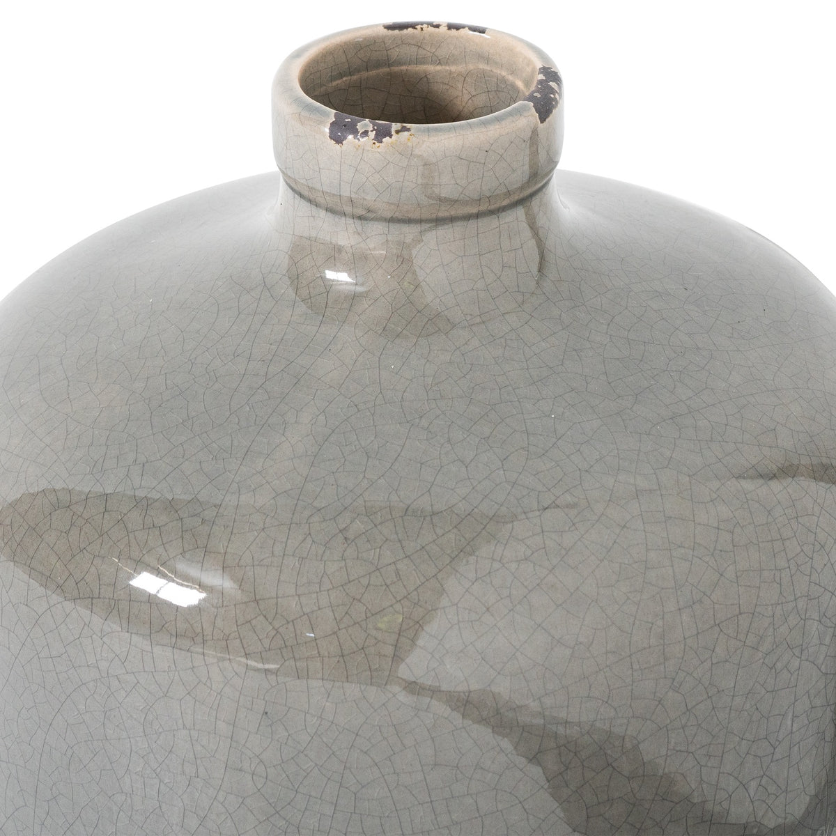 Close-up of the neck, distressed rim and fine grey crackle glaze on the Garda Eve Vase