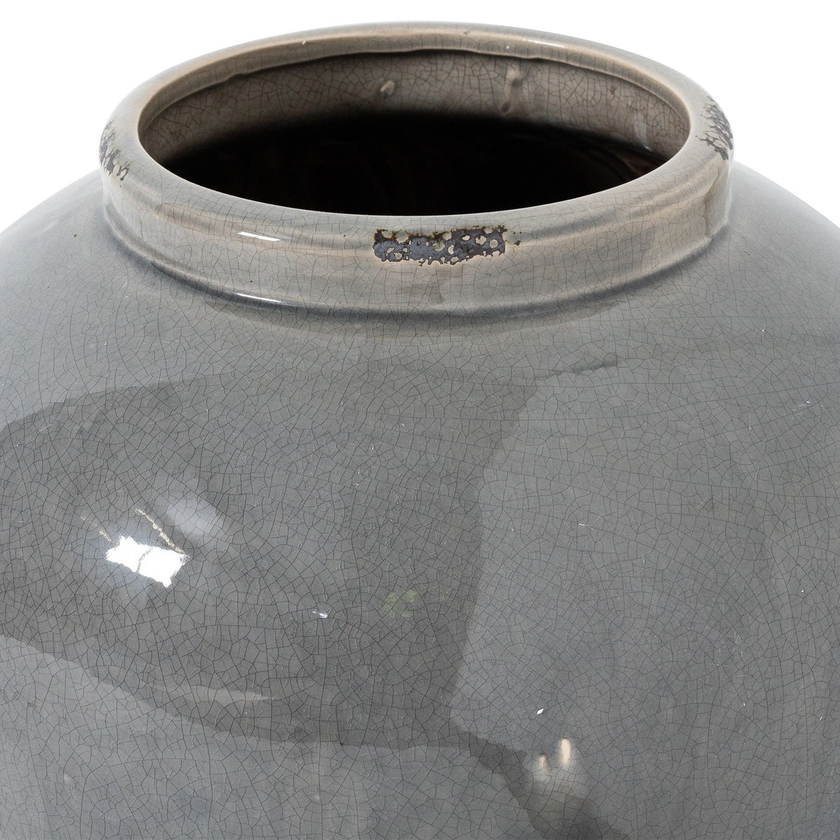 Close-up of the wide rim and grey crackle glaze on the Garda Juniper Vase