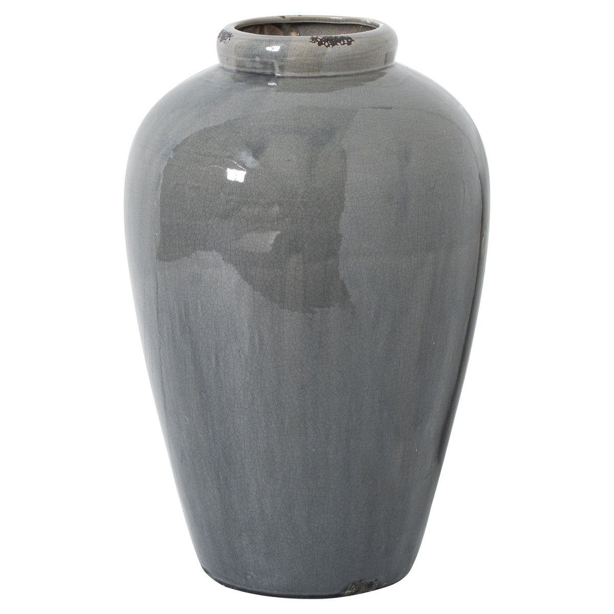 Garda Grey Glazed Tall Juniper Vase with broad shoulders, a tapered body and distressed grey glaze