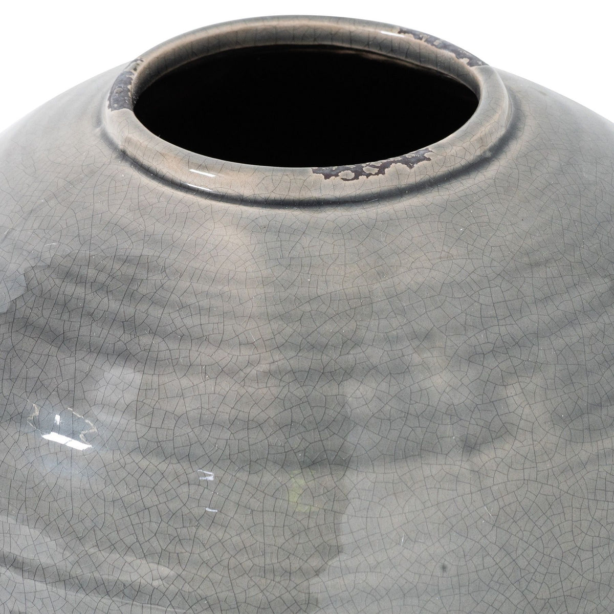 Close-up of the distressed rim and grey crackle-glazed shoulders of the Garda Tiber Vase