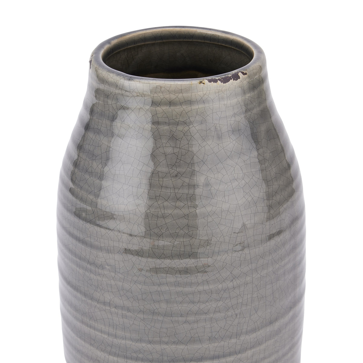 Close-up of the rim and grey crackle-glazed surface of the Garda Stefanie Vase