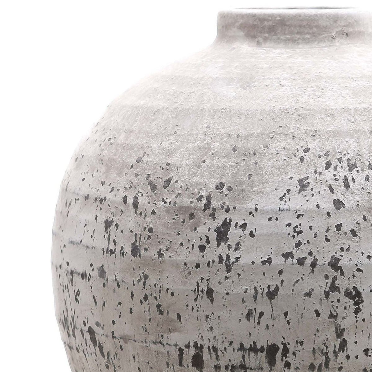 Close-up of the neck and mottled stone-effect finish shared by the Tiber ceramic vase range