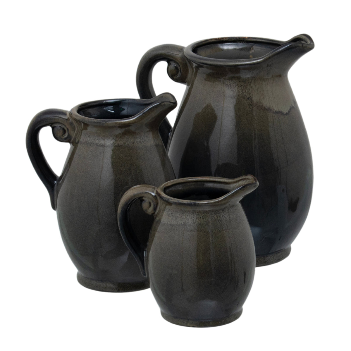 Olive Olpe Vase shown with two coordinating pitcher-shaped vases in different sizes