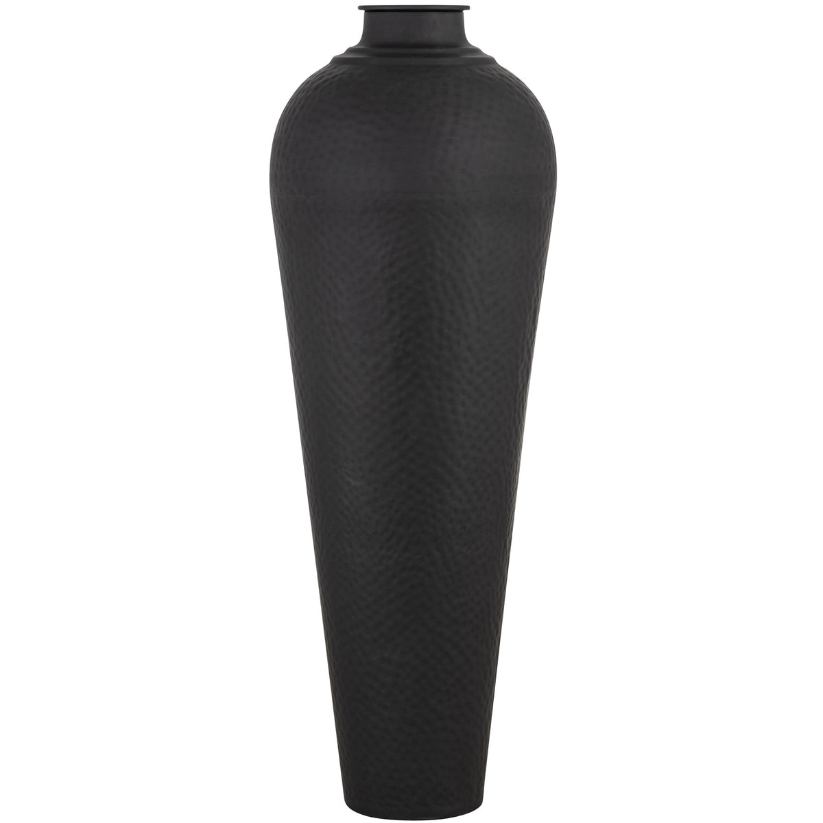 Elevated view of the circular top and shoulders of the Matt Black Large Hammered Vase