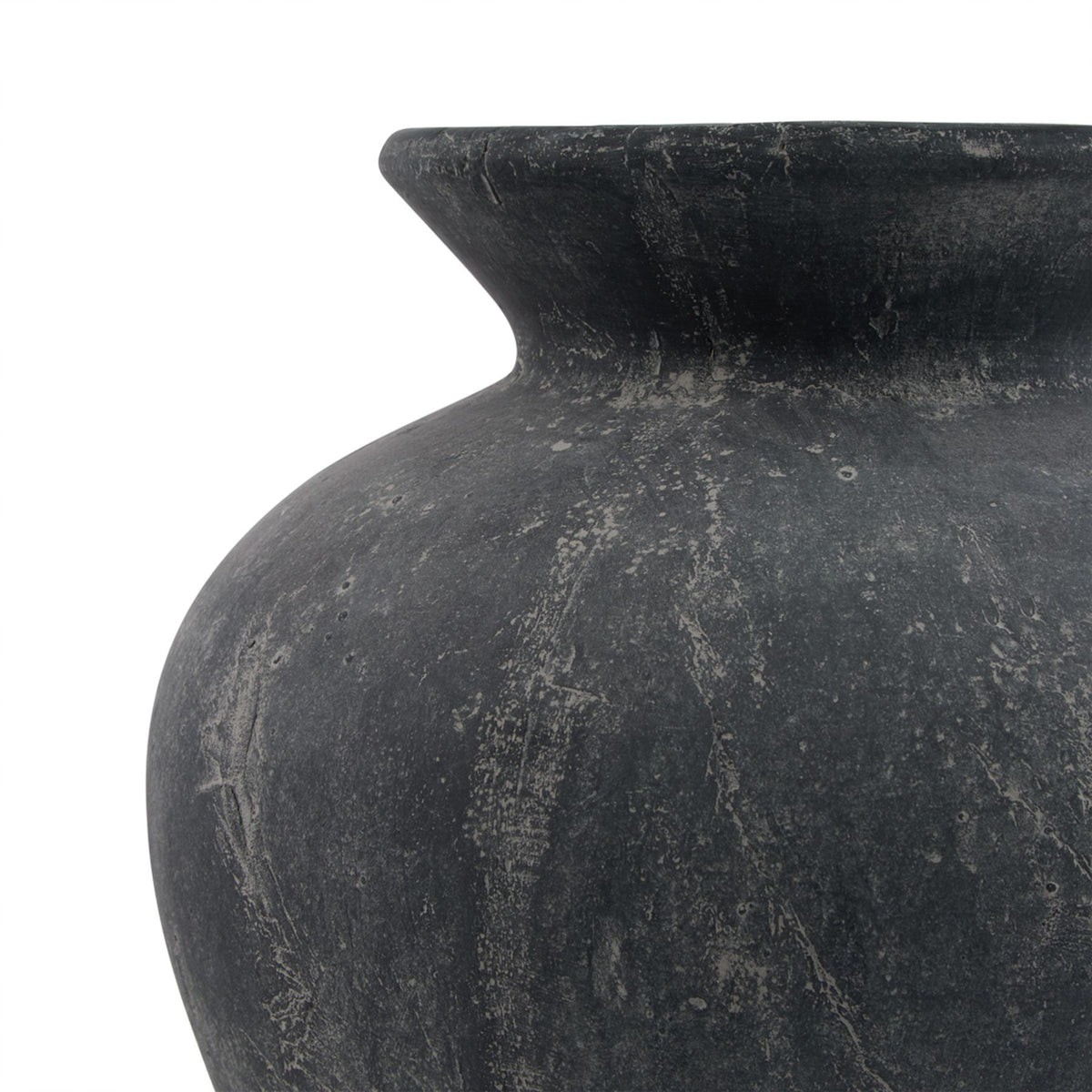 Detail of the flared rim and weathered ceramic shoulders of the Amalfi Grey Vase