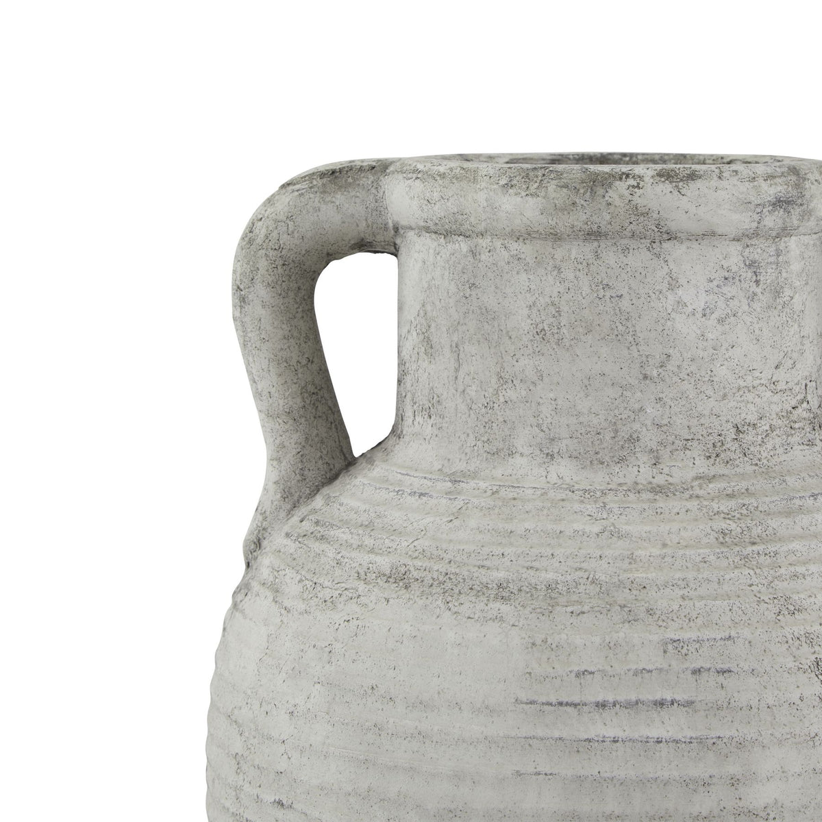 Weathered pale finish, handle and ribbed shoulder detail on the Athena Stone Large Amphora Pot