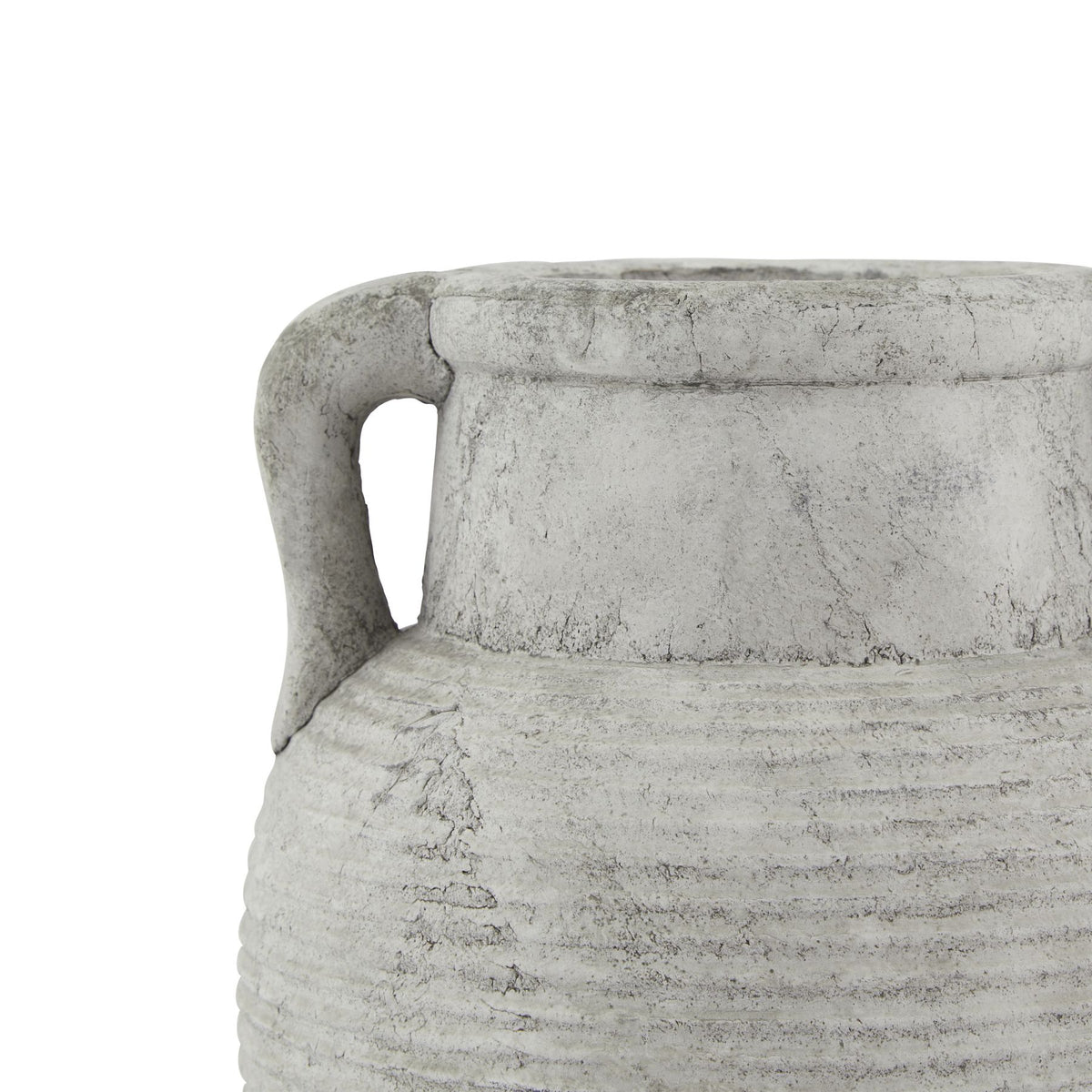 Detail of the pale stone-effect finish and horizontal ribbing on the Athena Stone Amphora Pot