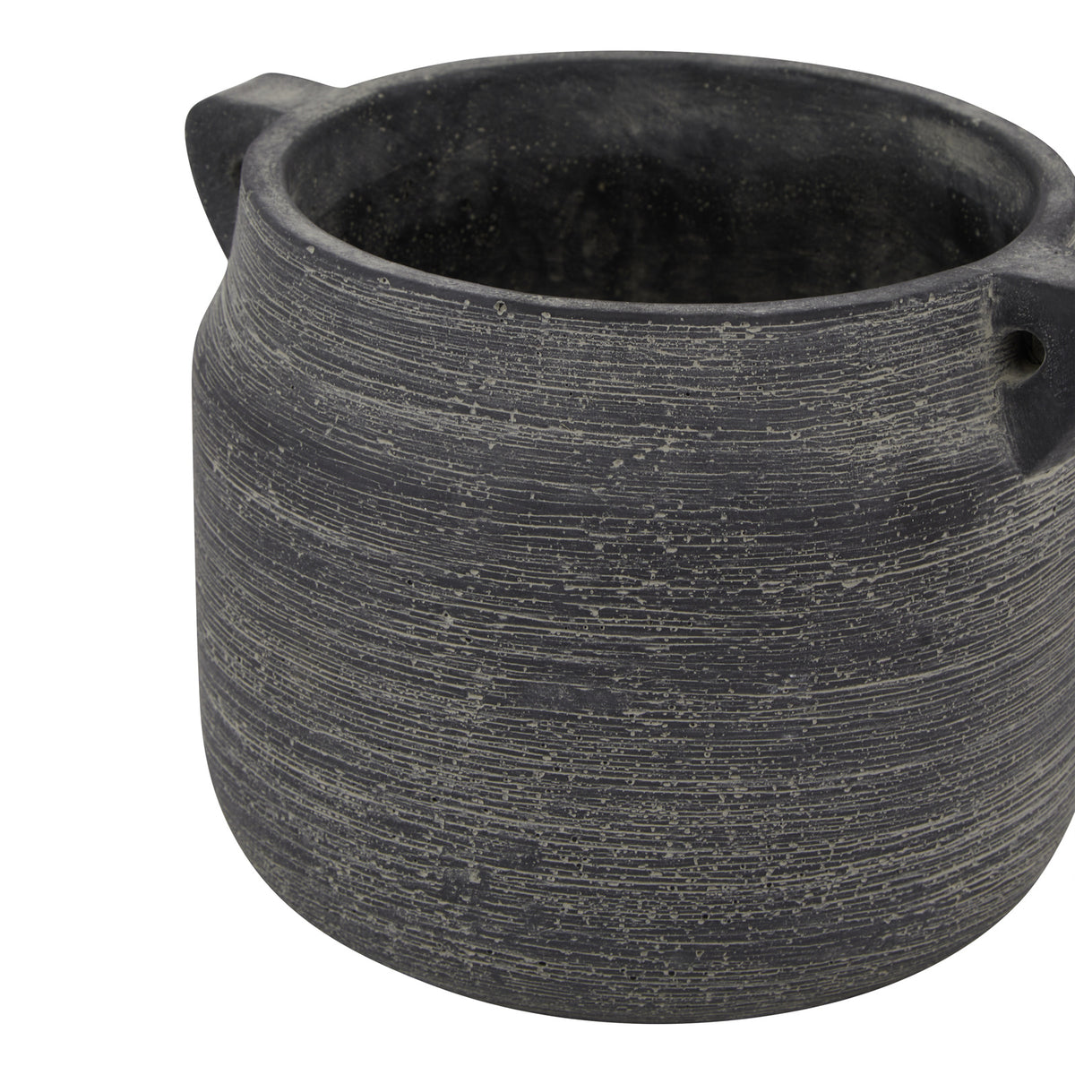 Angled close-up of the Amalfi Grey Hydria Pot's wide opening and fine horizontal texture