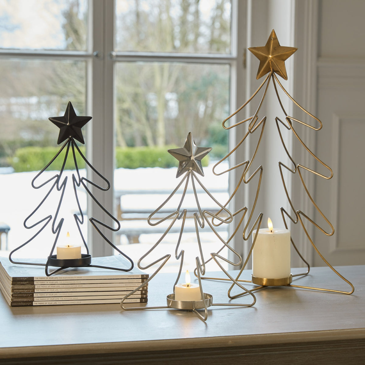 Rustic Outline Tree And Star Candle Holders