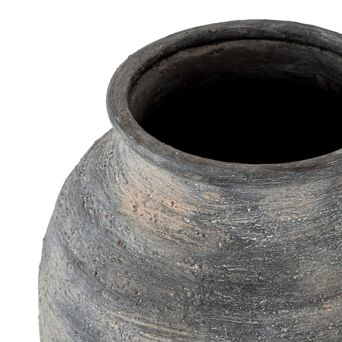 Close-up of the rolled rim and horizontally textured dark finish on the Marra Medium Olpe Vase