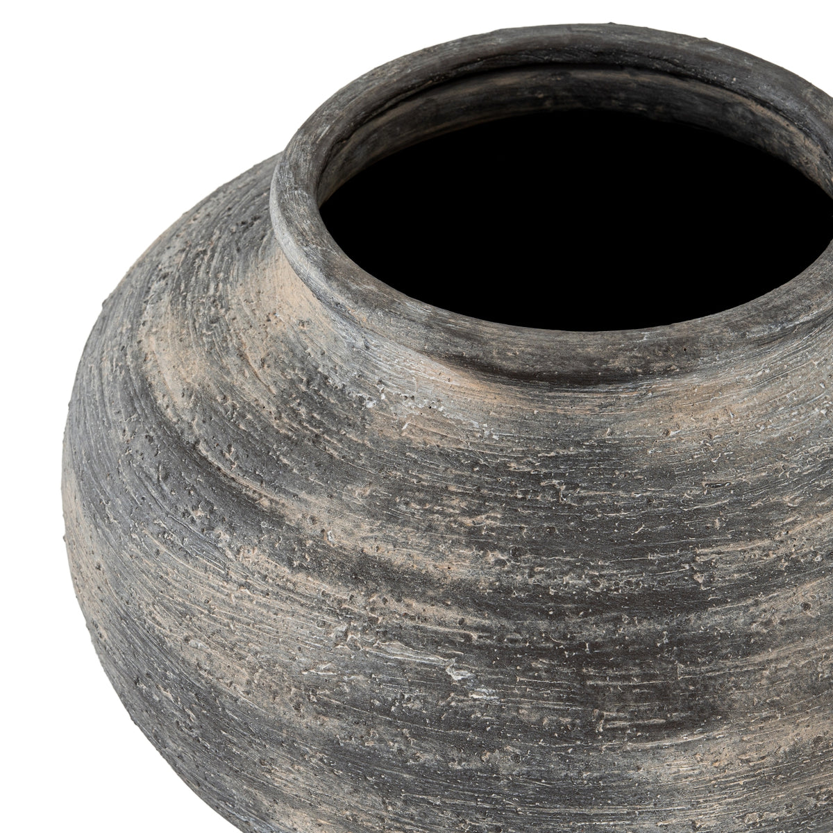 Close-up of the wide opening and mottled charcoal finish of the Marra Squat Vase