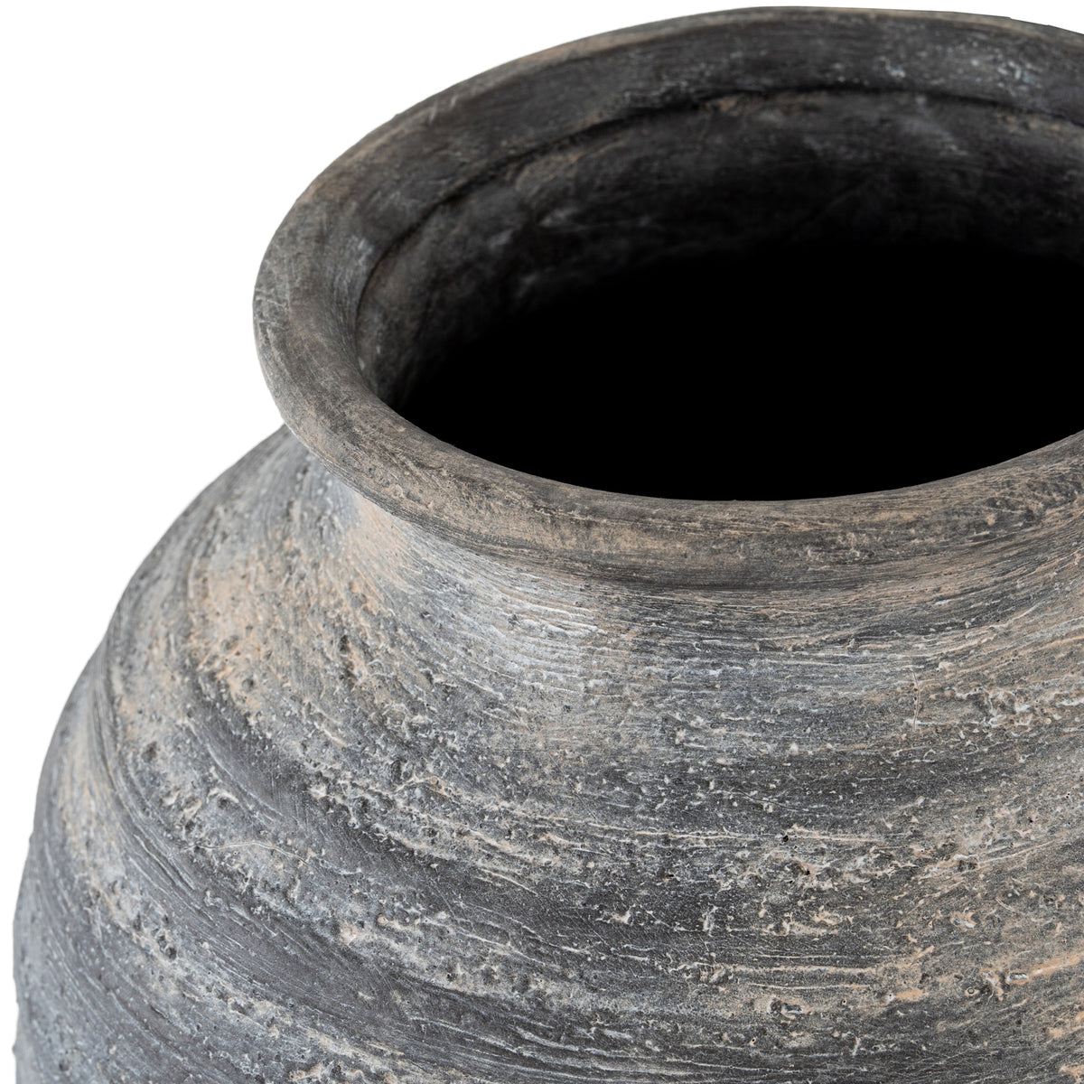 Close-up of the flared rim and charcoal textured shoulders of the Marra Large Olpe Vase