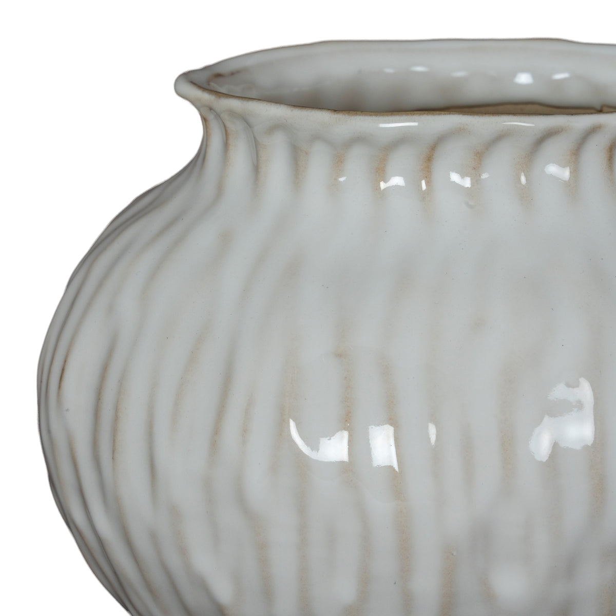 Detail of the softly grooved shoulders and aged accents on the white Numa Squat Vase