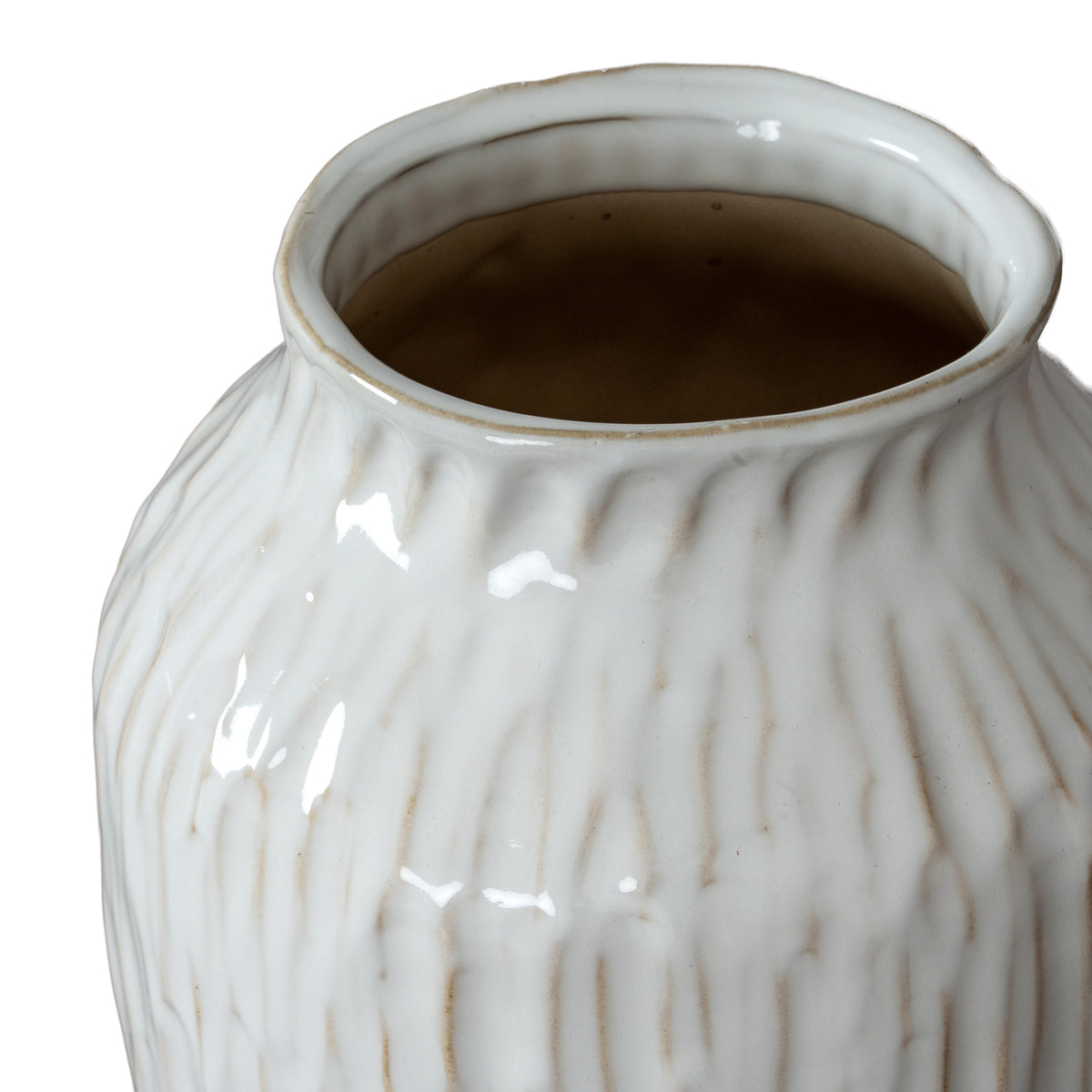 Close-up of the flared opening and glossy grooved shoulders of the Numa Olpe Vase