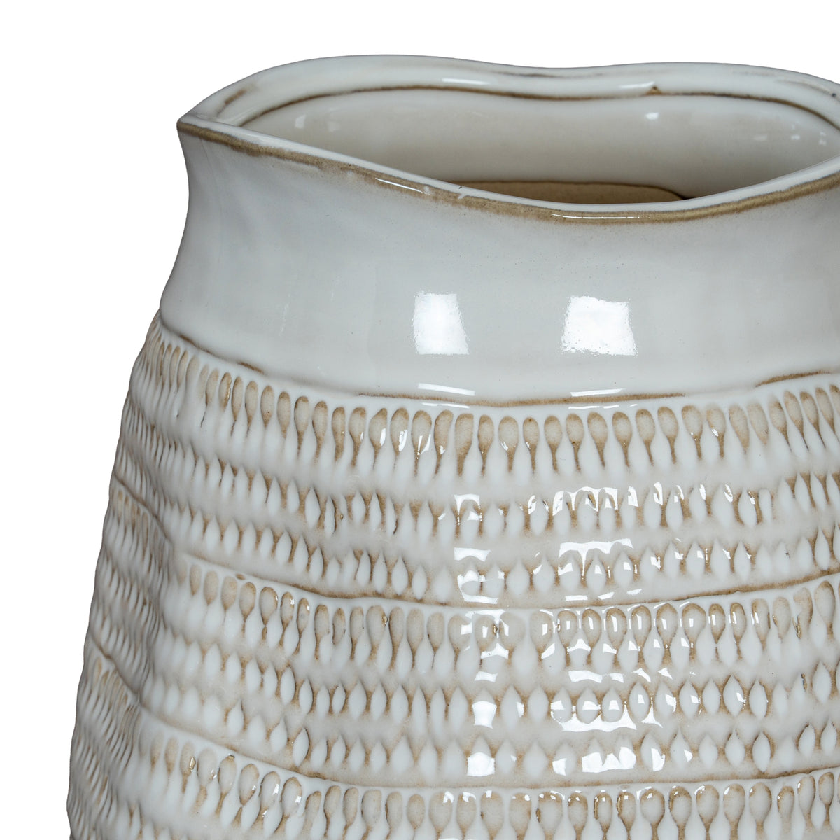 Detail of the irregular opening and patterned upper body of the white Tava Wide Hewn Vase