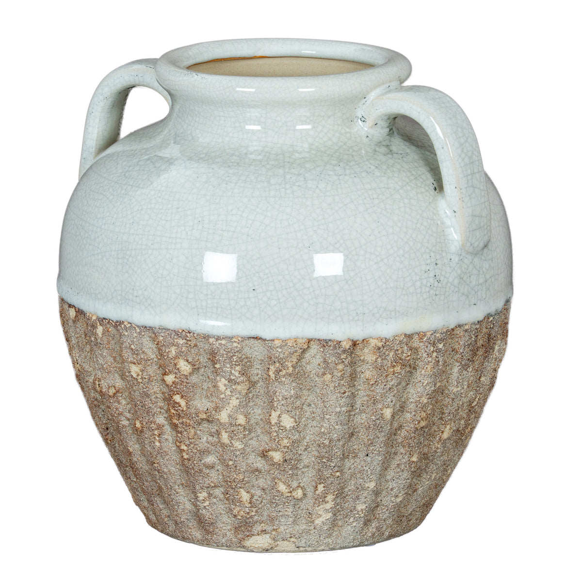 Thorne Medium Amphora Vase with two handles, white glazed shoulders and a textured earthy lower body
