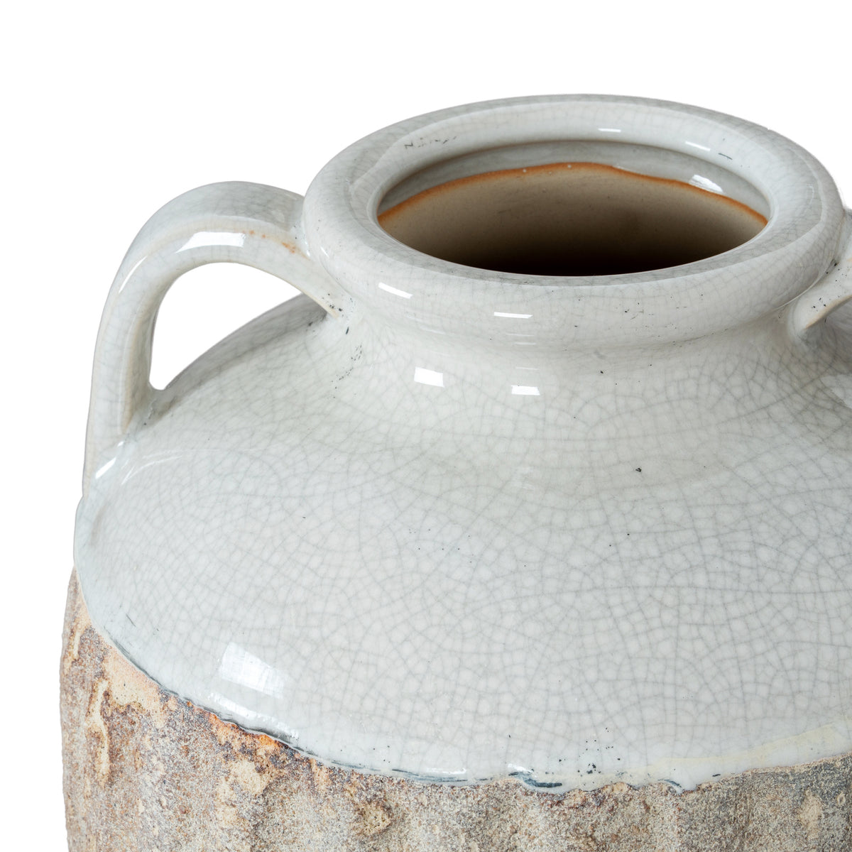 Close-up of the handles and crackle-glazed white shoulders of the Thorne Large Amphora Vase