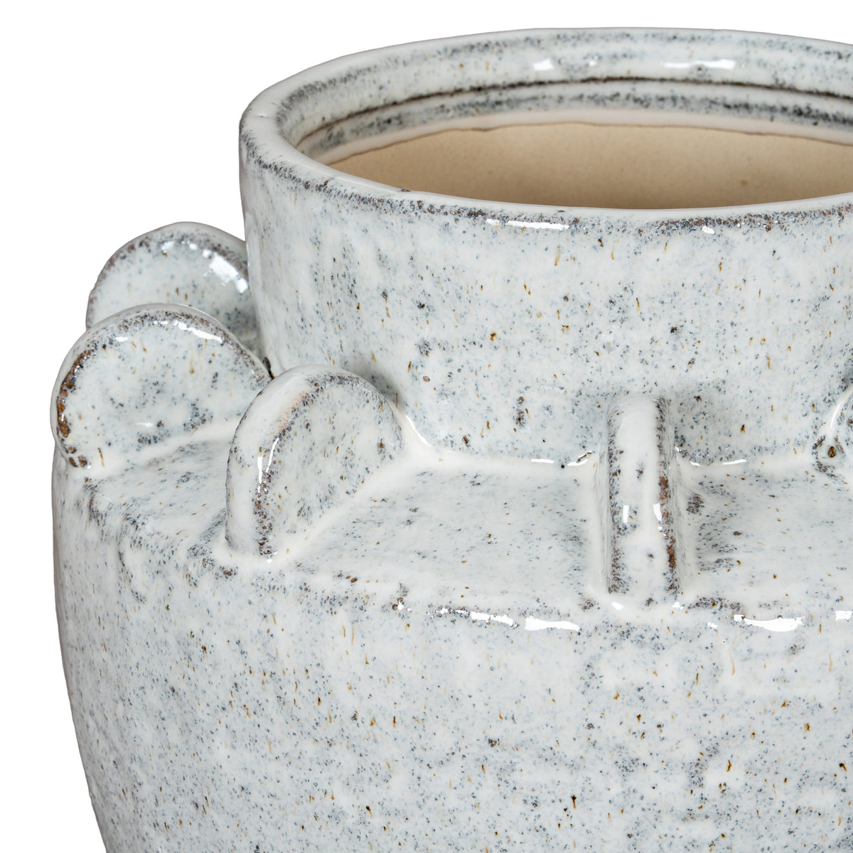 Close-up of the raised shoulder loops and speckled white glaze of the Dara Medium Hydria Vase