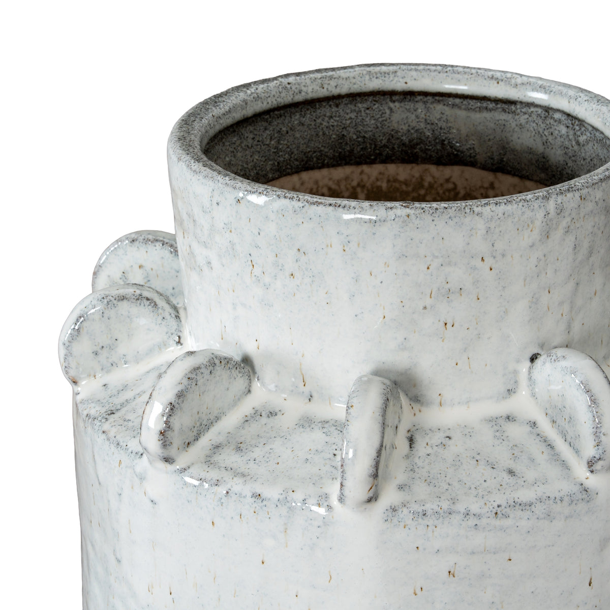 Close-up of the neck, raised loops and dark speckling on the Dara Large Hydria Vase