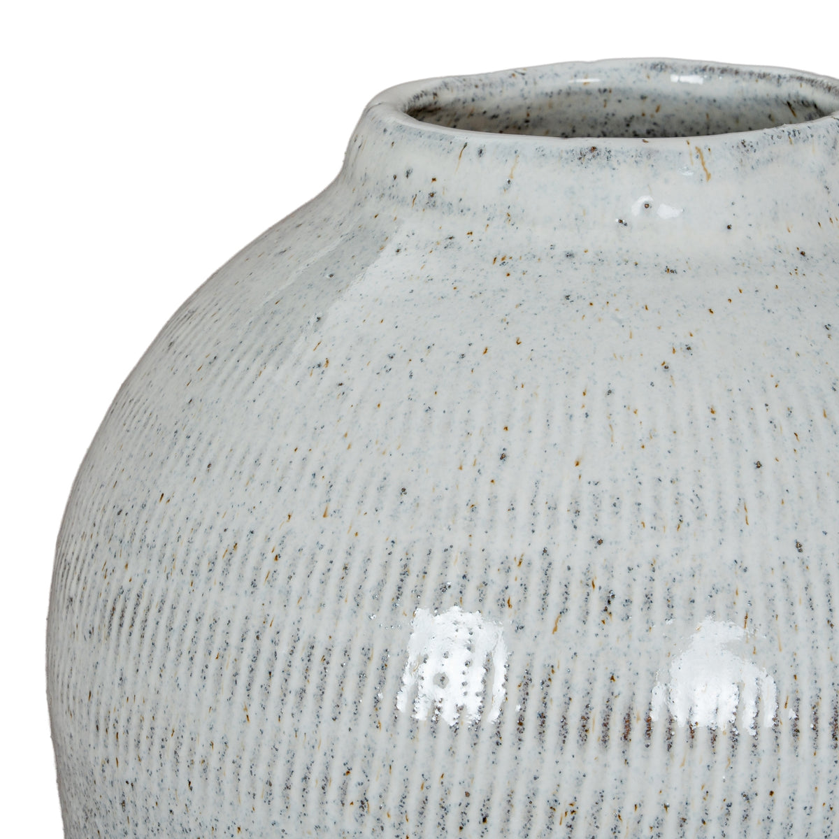 Detail of the softly lined surface and speckled glaze on the Kemi Large Olpe Vase