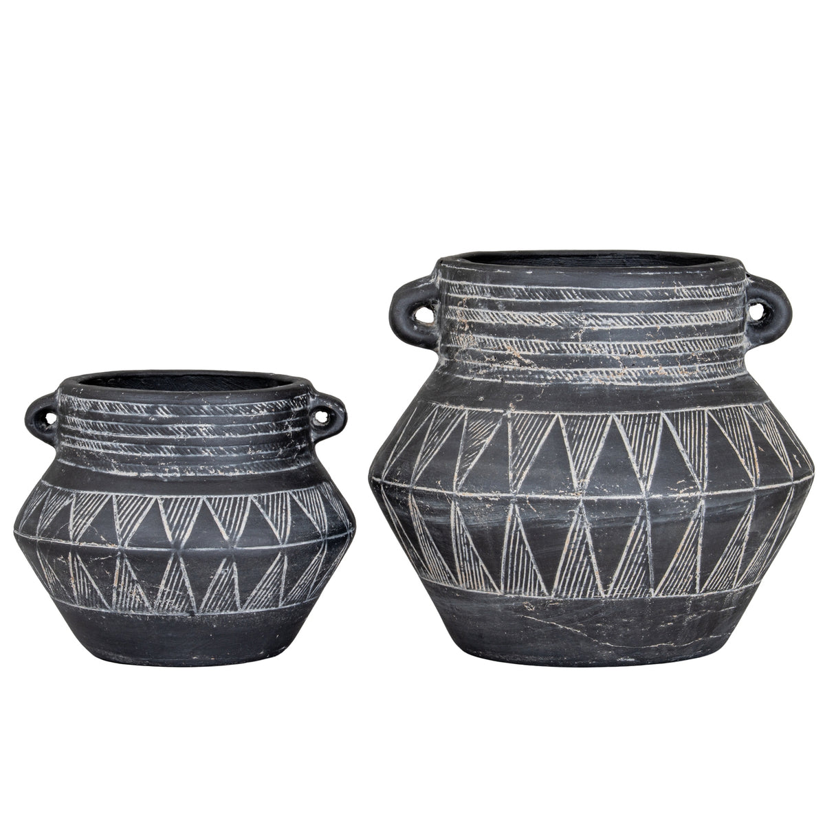 Etched handled pots in two sizes, with the tall pot shown on the right