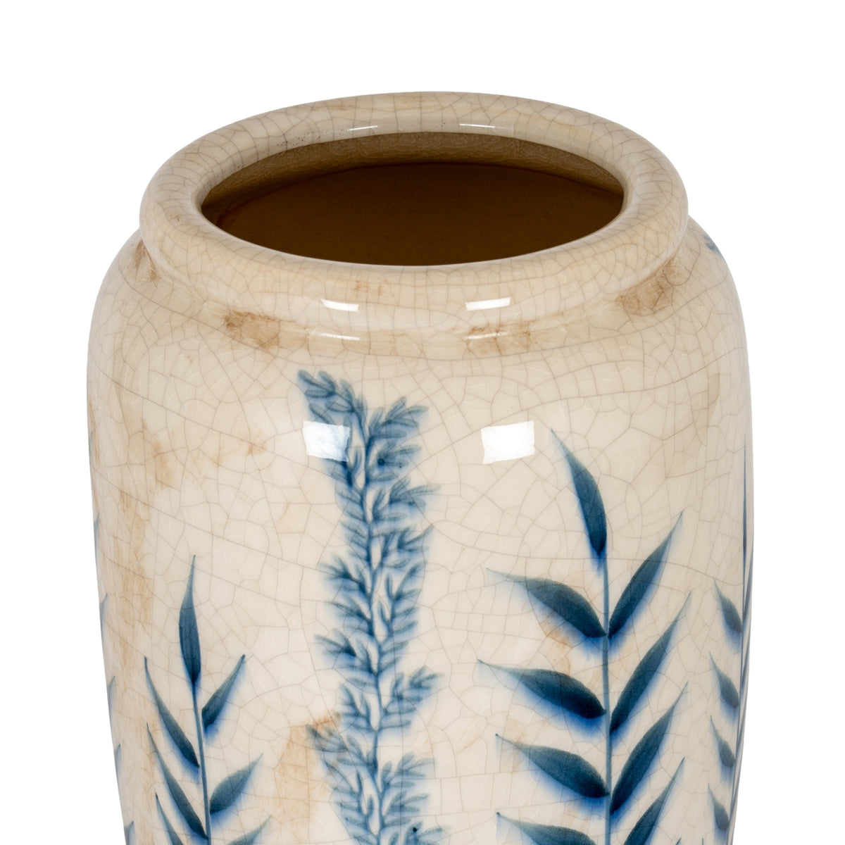 Close-up of the opening, blue leaf motifs and pale glaze on the Large Blue Flora Tall Olpe Vase