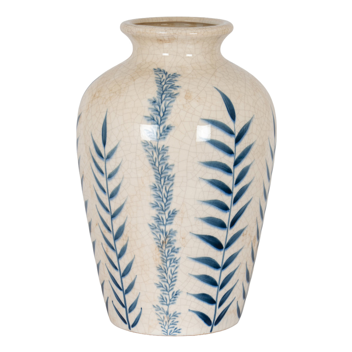 Classic Blue Flora Juniper Vase with a flared rim and blue leafy motifs on pale ceramic