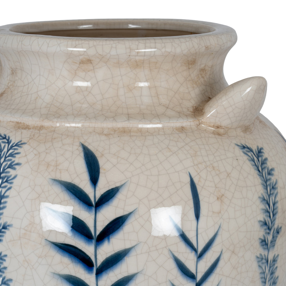Detail of blue leaves and pale crackle-effect glaze on the Blue Flora Amphora Vase
