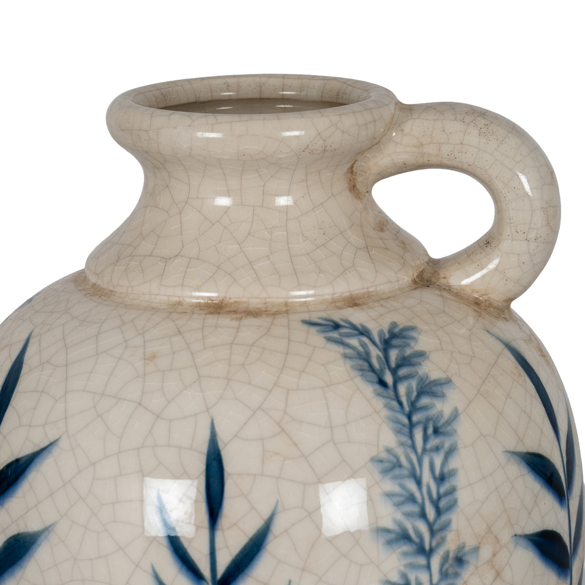 Close-up of the loop handle, neck and crackle-effect glaze on the Blue Flora Amphora Jug Vase