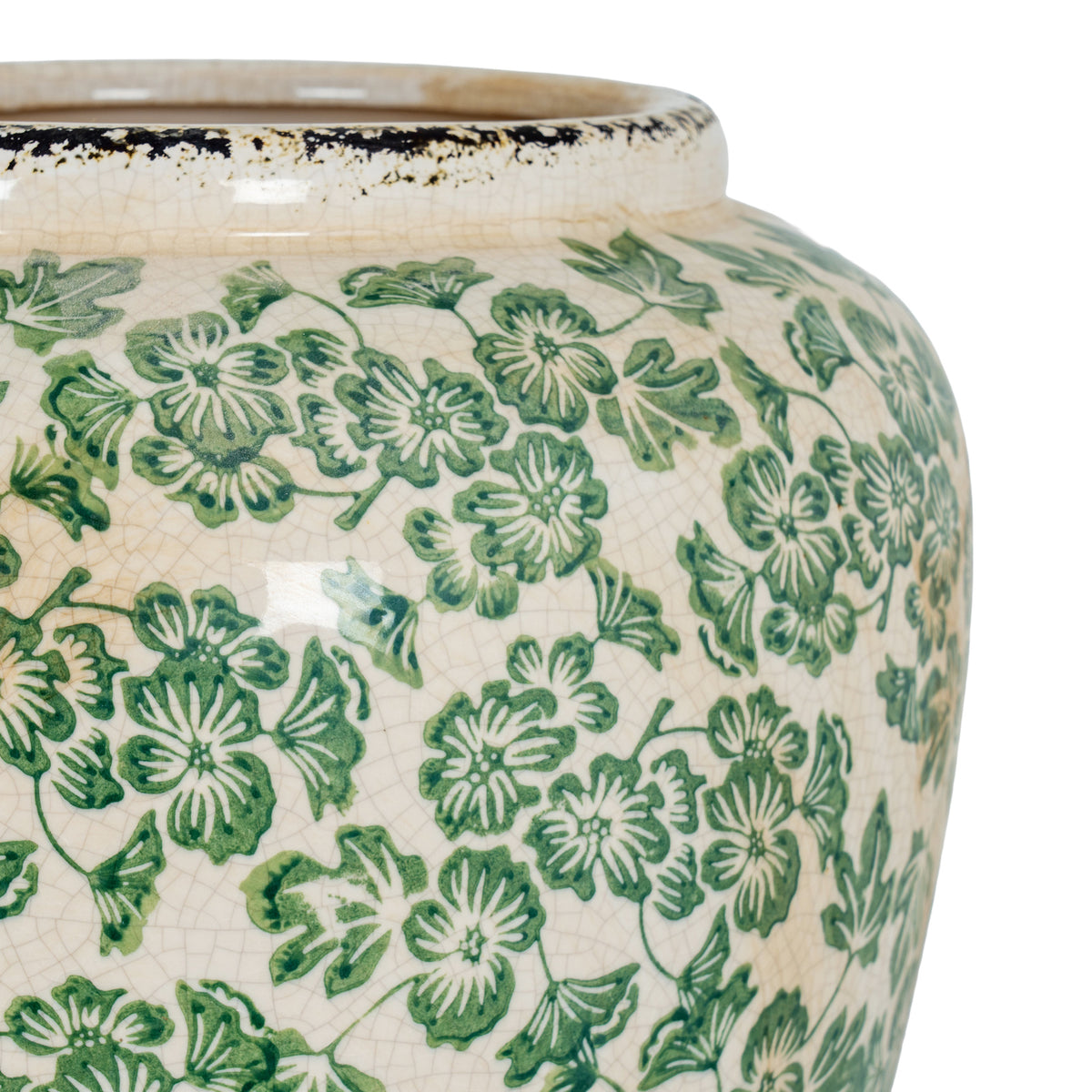 Close-up of the rim and green floral and leafy motifs of the Large Green Clover Olpe Vase