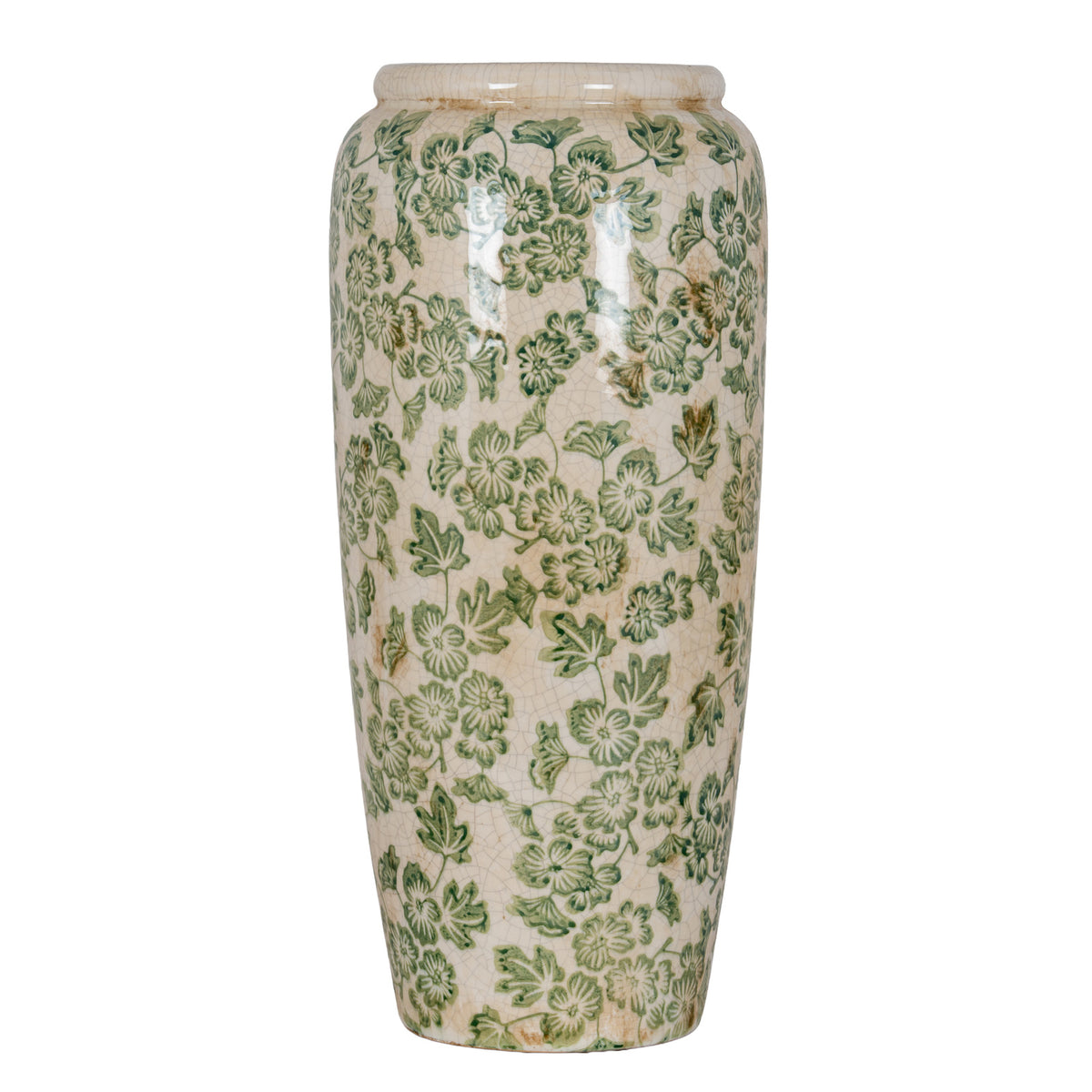 Large Green Clover Tall Olpe Vase with an elongated pale ceramic body and green floral pattern