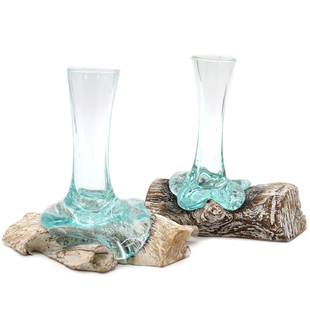 Small whitewash glass vase showing the individual wood shape and folded glass contours
