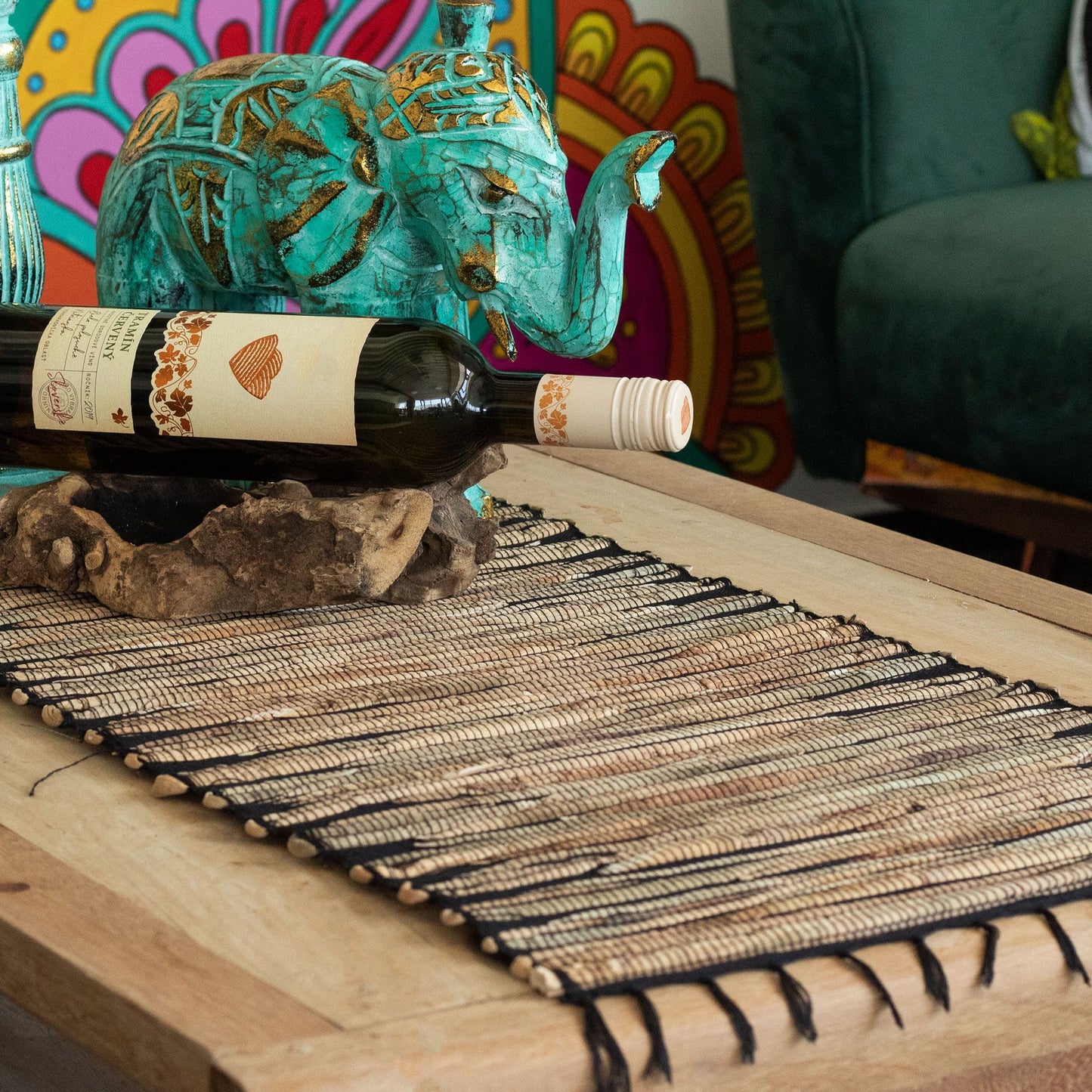 Water Hyacinth Natural Table Runner - Black Tiger with Fringe - 150cm - Image water-hyacinth-natural-table-runner--black-tiger-with-fringe--150cm-natpm-14