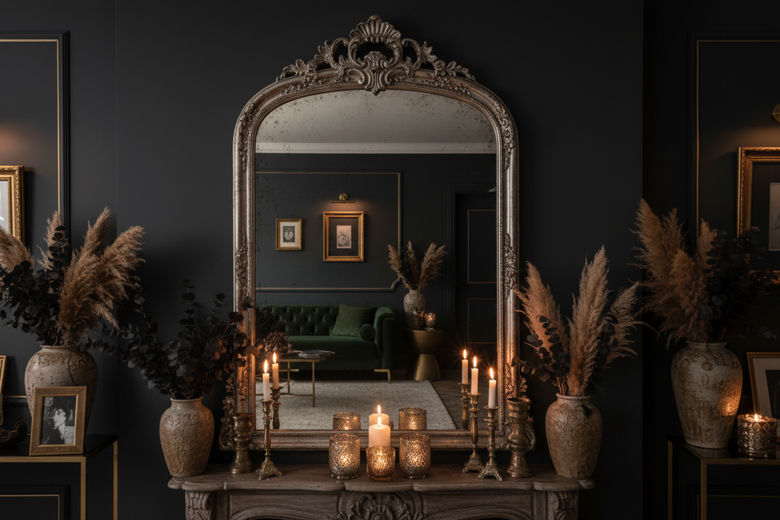 A dramatic luxury interior with a large ornate antiqued silver mirror as the centrepiece on a dark charcoal wall, reflecting warm candlelight and elegant home decor
