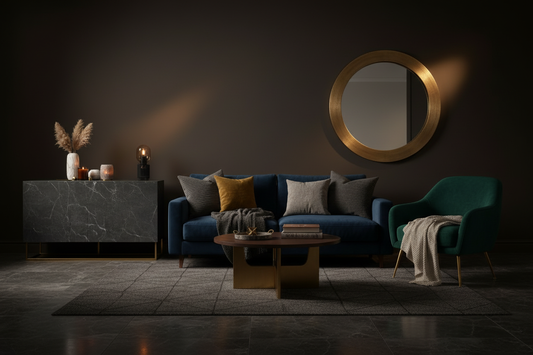 A luxuriously styled living room featuring marble effect vases with dried pampas grass, a glowing Himalayan salt candle holder, and a woodwick soy candle arranged on a dark sideboard with gold accents and velvet furnishings
