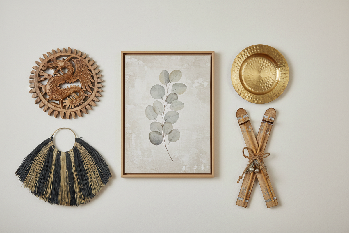 Premium art and wall décor including a hand-painted botanical canvas, hammered brass wall plate, rustic crossed skis, carved dragon plaque and seagrass fan wall hanging — Xquisite By Design