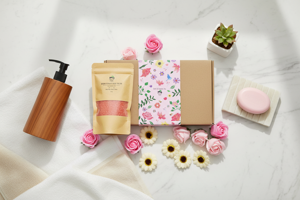 Bathroom AcPremium bathroom accessories including a Wild Hare aromatherapy salt soak gift set, a natural teakwood taper soap dispenser, and a white onyx ridged soap dish — Xquisite By Designcessories Collection
