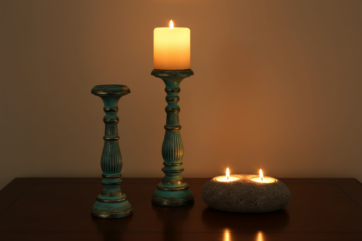 Ornate turquoise and gold wooden candlestick holders and natural riverstone double tealight holder — premium candle and tealight holders for home décor — Xquisite By Design