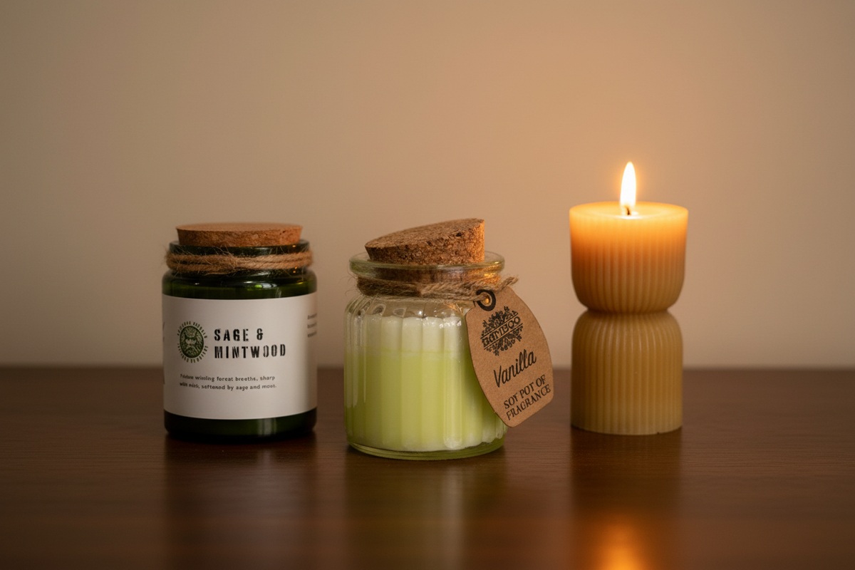 Premium candles including a Greenman woodwick soy candle in a dark green glass jar, a vanilla soy pot of fragrance in a ribbed glass jar, and a Luxe Collection stone carved LED pillar candle — Xquisite By Design
