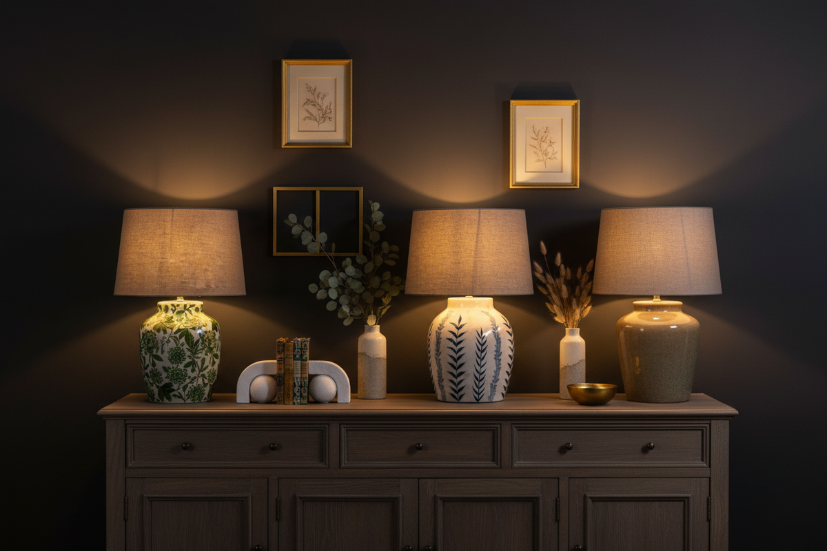 Collection of premium ceramic table lamps styled on a dark wooden sideboard, including green floral, blue botanical, basketweave and glazed finishes with linen shades