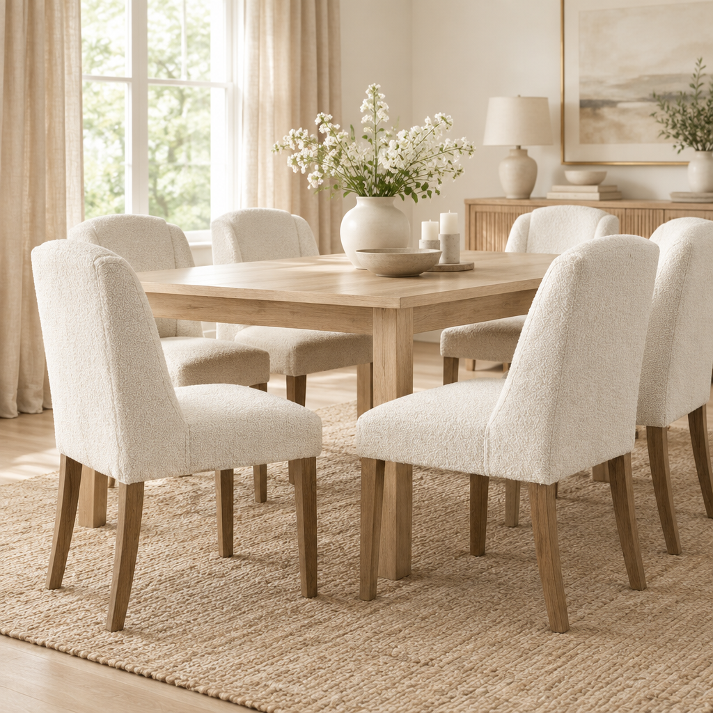 Compton Boucle dining chairs in a warm neutral dining room