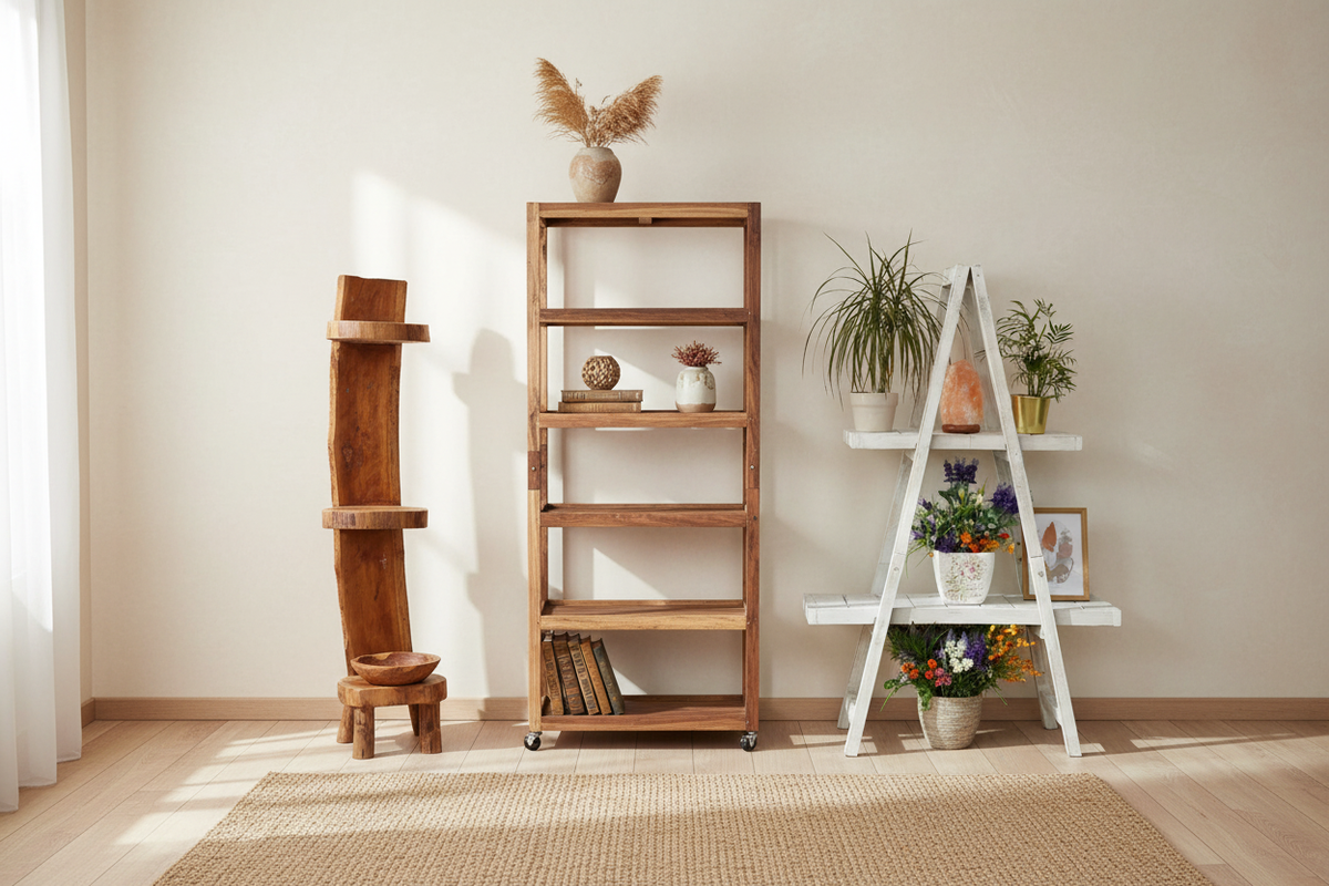 Premium display units including a sculptural natural teak log shelf, whitewash A-frame ladder shelf with plants, and a tall six-shelf recycled wood display unit on casters — Xquisite By Design