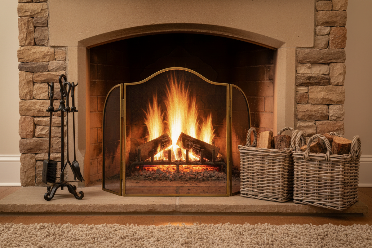 Fireside & Log Burner Accessories Collection - Premium fireside accessories including an antiqued brass arched fire screen, a black ornate scrollwork companion set, and natural kubu rattan log storage baskets — Xquisite By Design